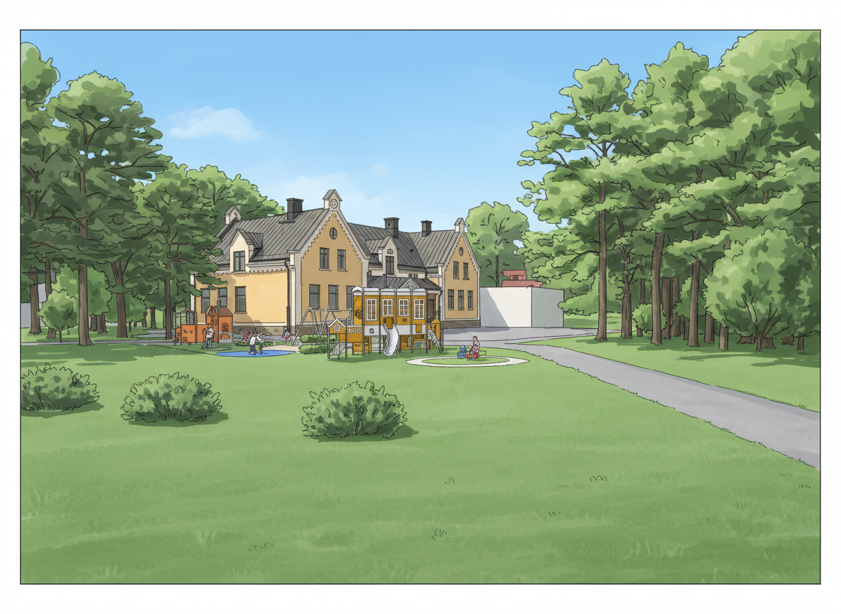 Illustration fr&aring;n sidan av ena delen av generationsparken. Lekpark med lekst&auml;llningar och barn som leker. 