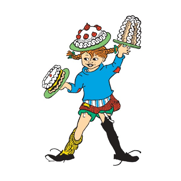 Pippi Långstrump håller i en tårta